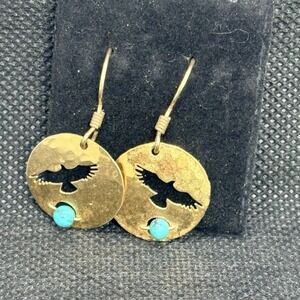 Wild Bryde Bird Turquoise Earrings Dangle Gold Tone Hawk Etched